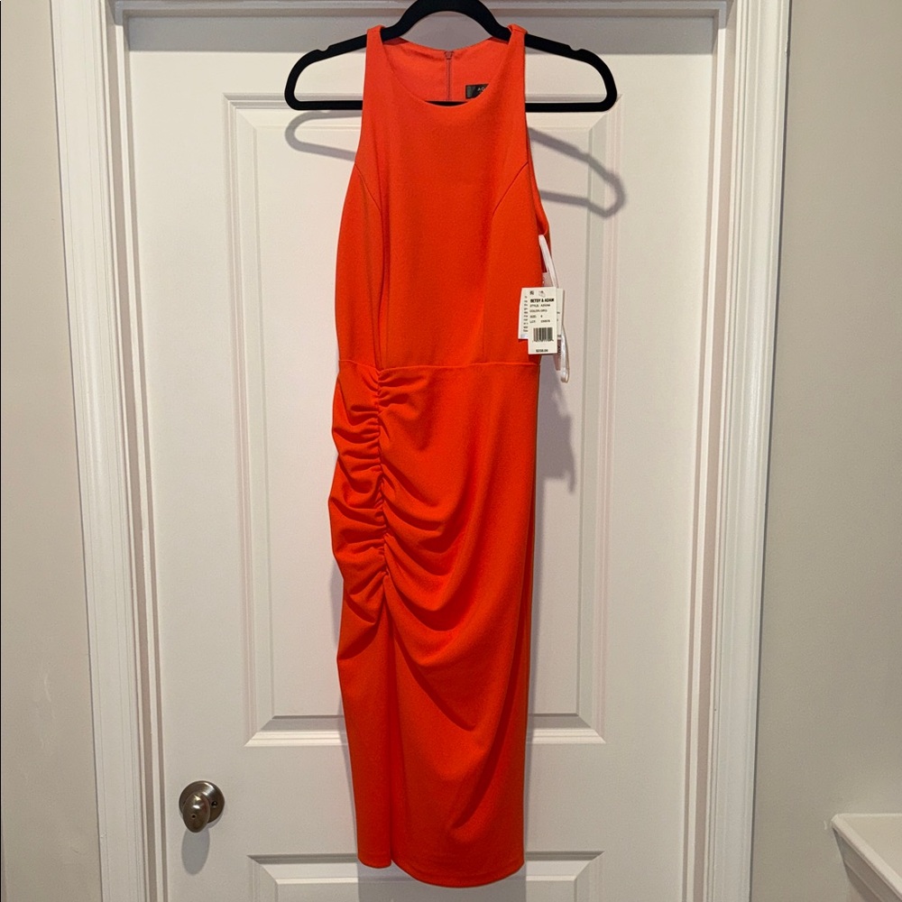 Aqua Vibrant Orange Ruched Midi Dress